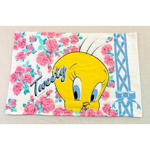 Vintage 1990s Gerber Floral Tweety Bird Pillowcase Standard Size Looney Tune Bow
